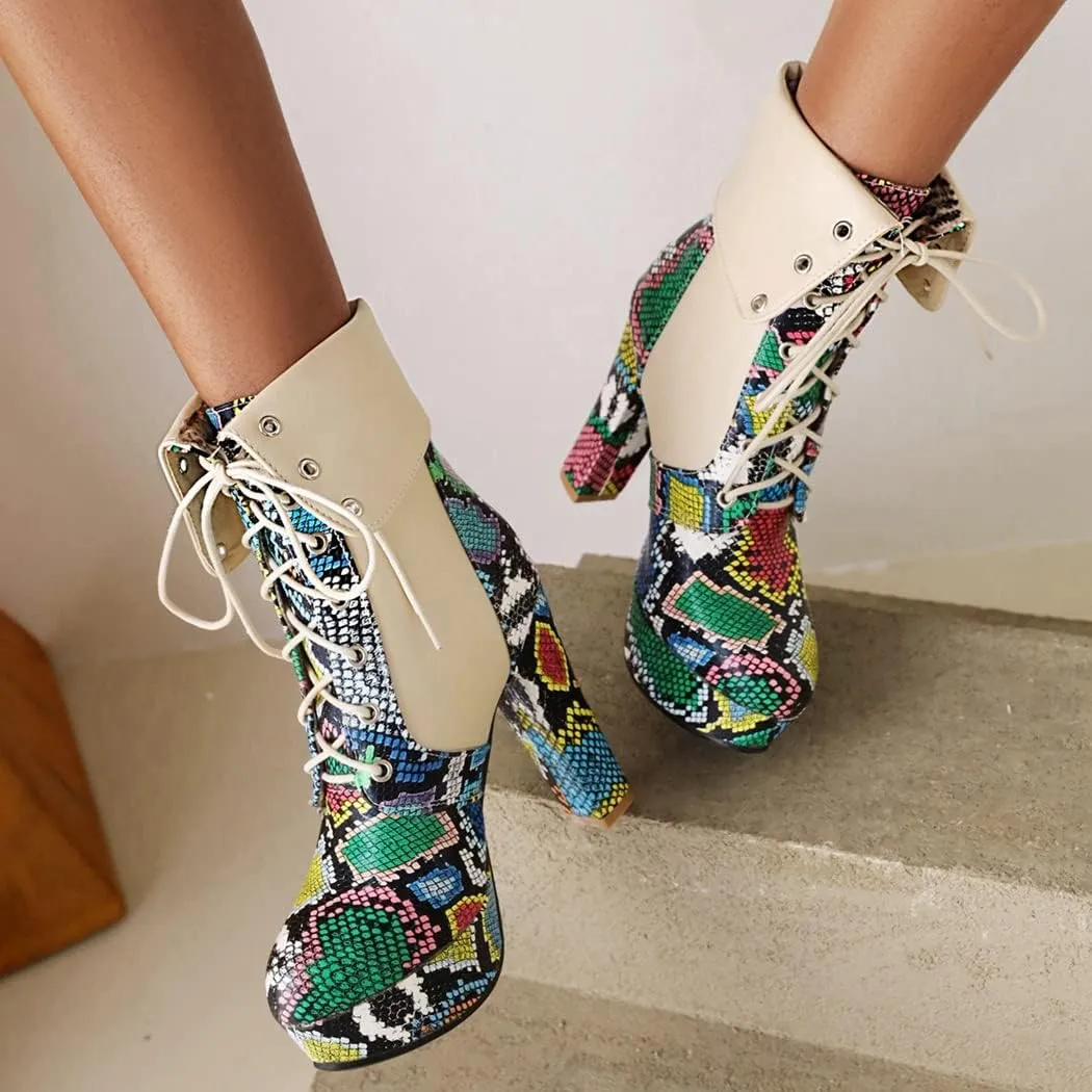 KIKIVIVI Womens Platform Snakeskin Ankle Boots Lace Up Chunky High Heel Booties
