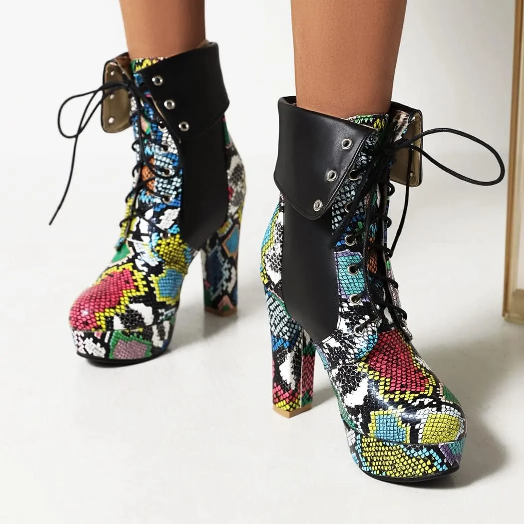 KIKIVIVI Womens Platform Snakeskin Ankle Boots Lace Up Chunky High Heel Booties