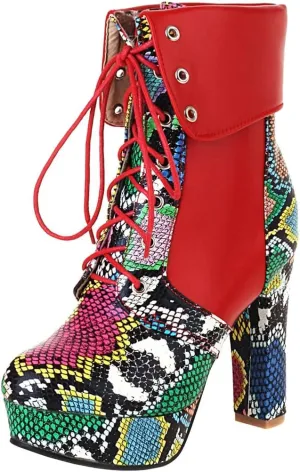 KIKIVIVI Womens Platform Snakeskin Ankle Boots Lace Up Chunky High Heel Booties
