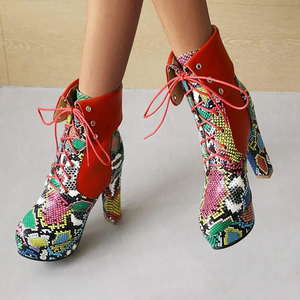 KIKIVIVI Womens Platform Snakeskin Ankle Boots Lace Up Chunky High Heel Booties
