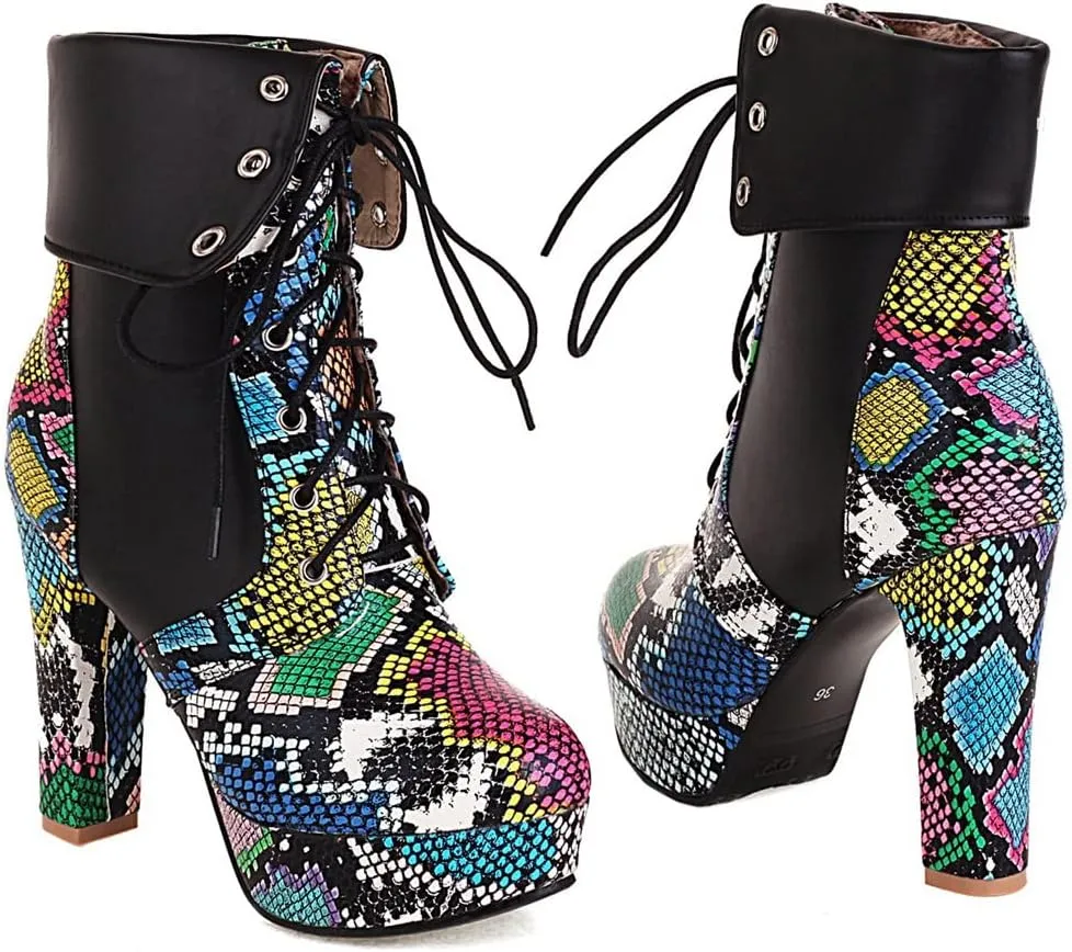 KIKIVIVI Womens Platform Snakeskin Ankle Boots Lace Up Chunky High Heel Booties