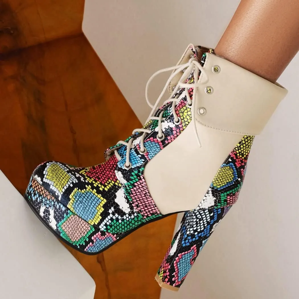 KIKIVIVI Womens Platform Snakeskin Ankle Boots Lace Up Chunky High Heel Booties