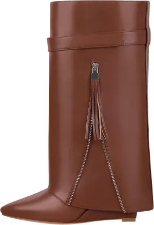 LISHAN Women's Wedge Boots Pointy Toe Slouchy High Heels