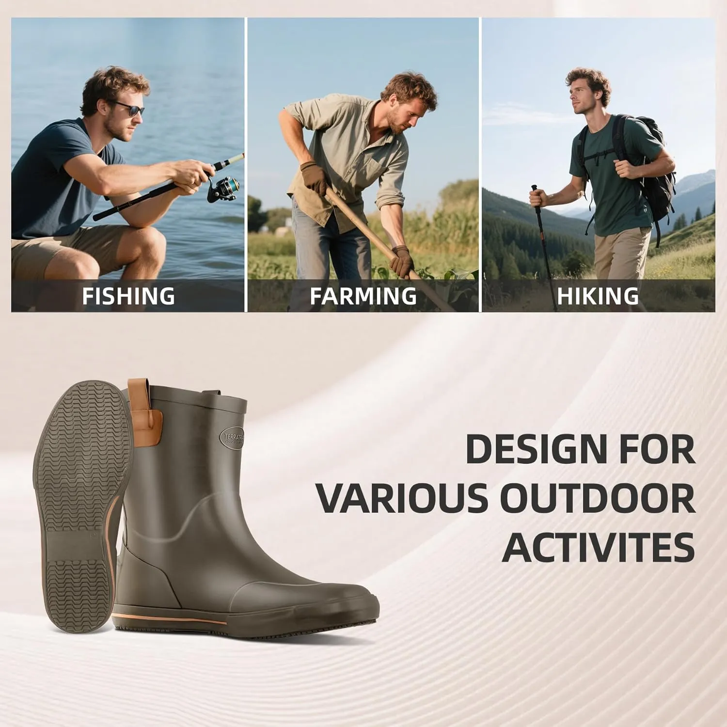 Men's Mid-Calf Waterproof Rain Boots, Wide Calf Slip-Resistant Rubber Boots for Men, Gardening Farming Fishing Shoes All-Weather