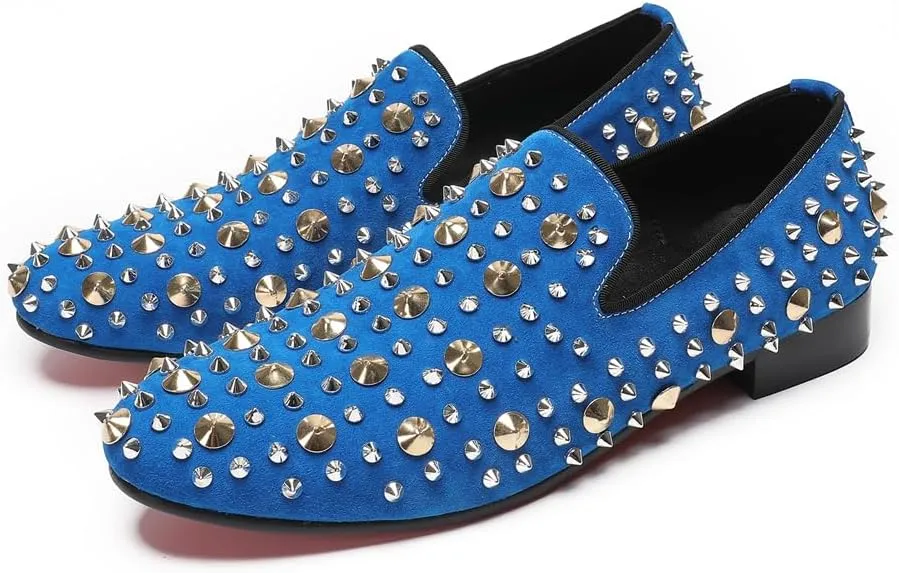 Men's Penny Loafers Luxury Studded Loafers with Silver and Gold Spikes Wedding Party Suede Slip-On Dress Shoes