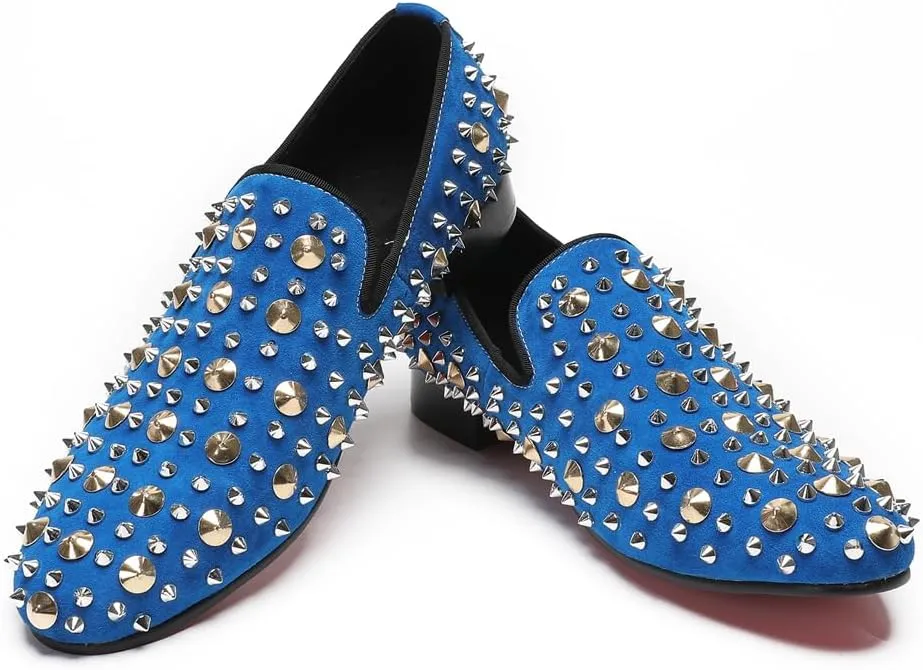 Men's Penny Loafers Luxury Studded Loafers with Silver and Gold Spikes Wedding Party Suede Slip-On Dress Shoes