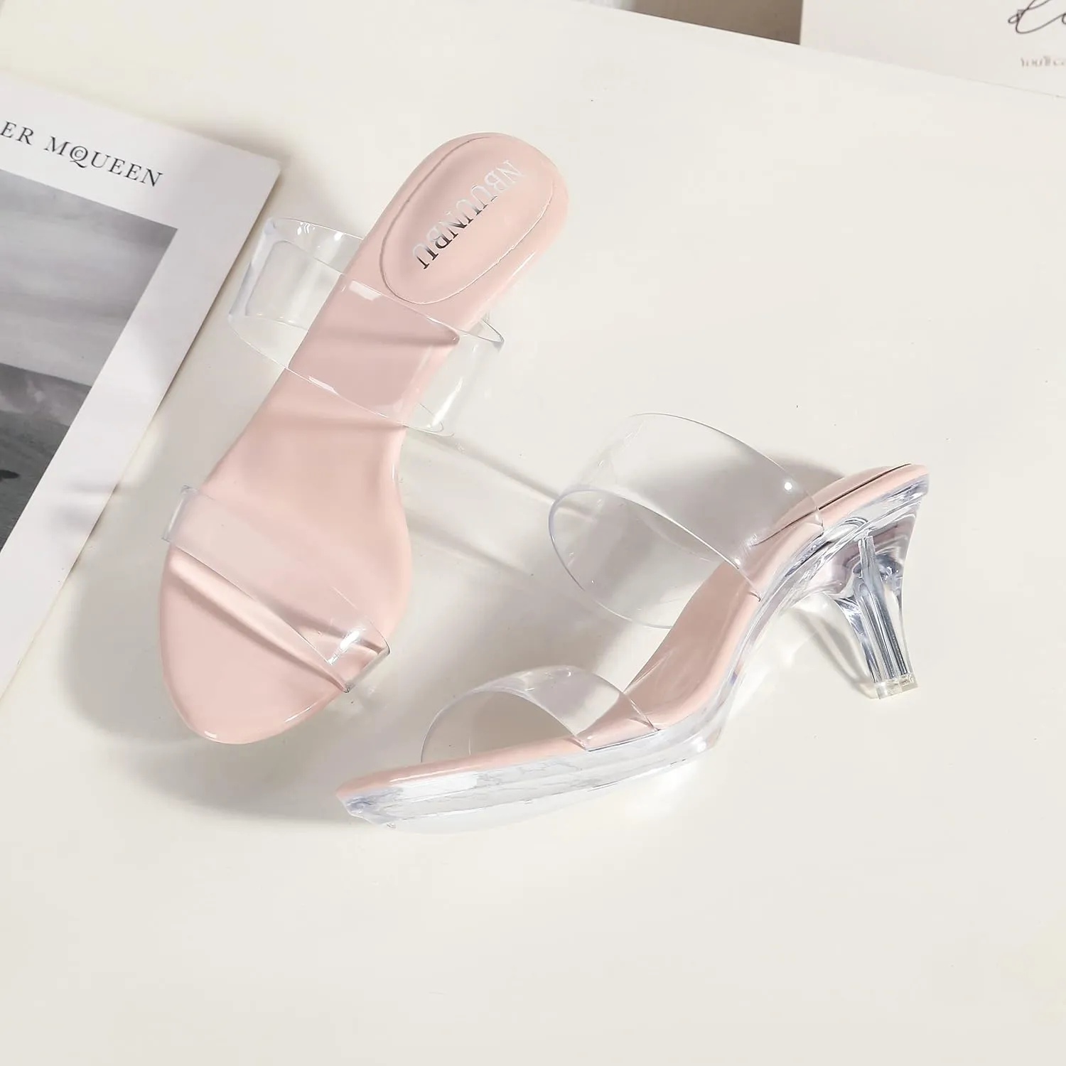 NBUUNBU Clear Heels for Women Silver Black Heels Little Platform Sexy High Heels Sandals Stiletto Kitten Open Toe Dress Shoes Comfortable Double Transparent Strap Heeled Sandals Mule