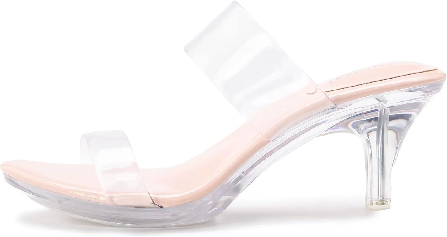 NBUUNBU Clear Heels for Women Silver Black Heels Little Platform Sexy High Heels Sandals Stiletto Kitten Open Toe Dress Shoes Comfortable Double Transparent Strap Heeled Sandals Mule