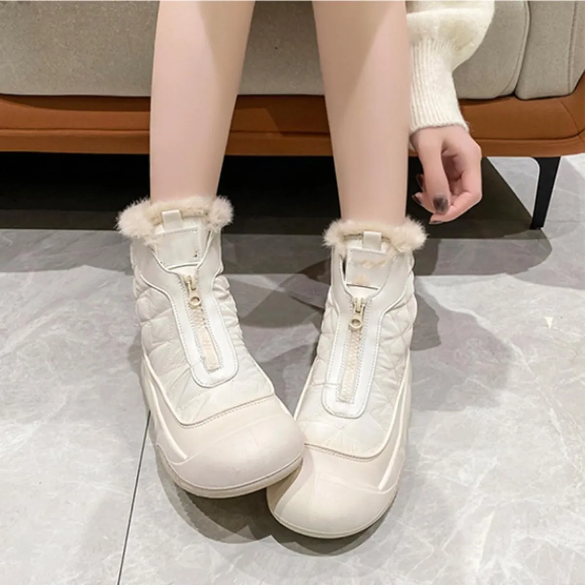Neostry Retro Waterproof Snow Boots,Warm Padded Boots Made from Thickened Leather,Zip Up Fleece Antislip Mid Calf Boots