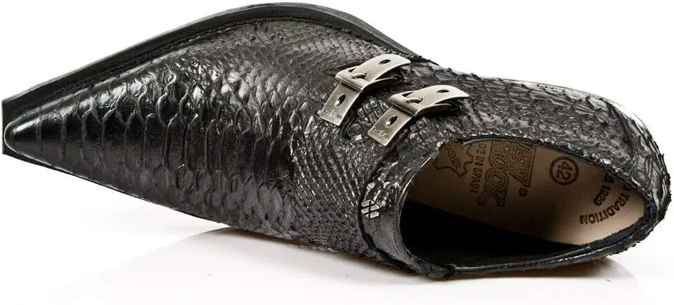 NEWROCK 7934-S2 Men's Black Western Embossed Python Snakeskin Leather Shoes With Buckles and Steel Heels