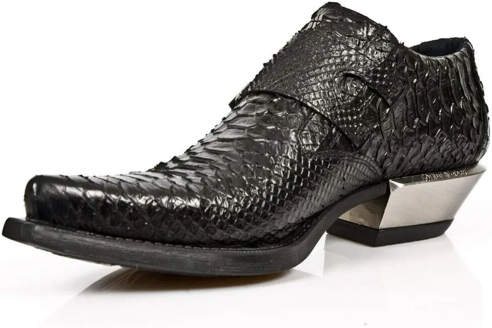 NEWROCK 7934-S2 Men's Black Western Embossed Python Snakeskin Leather Shoes With Buckles and Steel Heels
