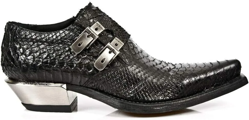 NEWROCK 7934-S2 Men's Black Western Embossed Python Snakeskin Leather Shoes With Buckles and Steel Heels