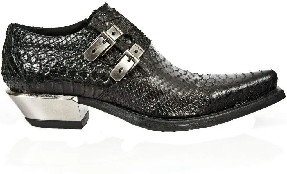 NEWROCK 7934-S2 Men's Black Western Embossed Python Snakeskin Leather Shoes With Buckles and Steel Heels
