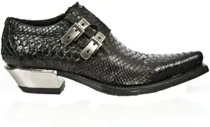 NEWROCK 7934-S2 Men's Black Western Embossed Python Snakeskin Leather Shoes With Buckles and Steel Heels