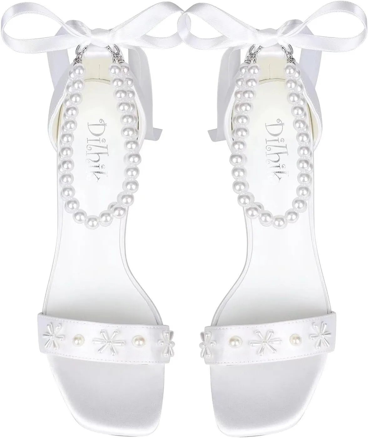 Pearl Heels Wedding Shoes for Bride Open Toe Bridal Shoes White Ivory Heels Chunky Heeled Sandals