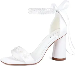 Pearl Heels Wedding Shoes for Bride Open Toe Bridal Shoes White Ivory Heels Chunky Heeled Sandals