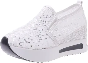 Platform Wedge Fashion Sneakers for Women 2025, Embroidery Floral Mesh Tennis Lace Chunky Sole Hidden High Heels Slip On Loafers Walking Work Shoes Arch Support Low Top Sneakers Shoes