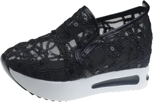 Platform Wedge Sneakers for Women Floral Embroidery Mesh Slip-On Breathable Non-Slip Arch Support Lace Chunky Sole Hidden High Heels
