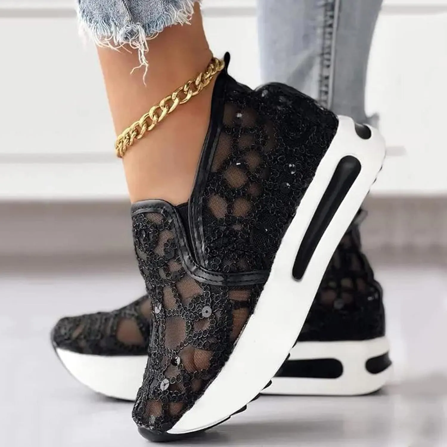 Platform Wedge Sneakers for Women Floral Embroidery Mesh Slip-On Breathable Non-Slip Arch Support Lace Chunky Sole Hidden High Heels
