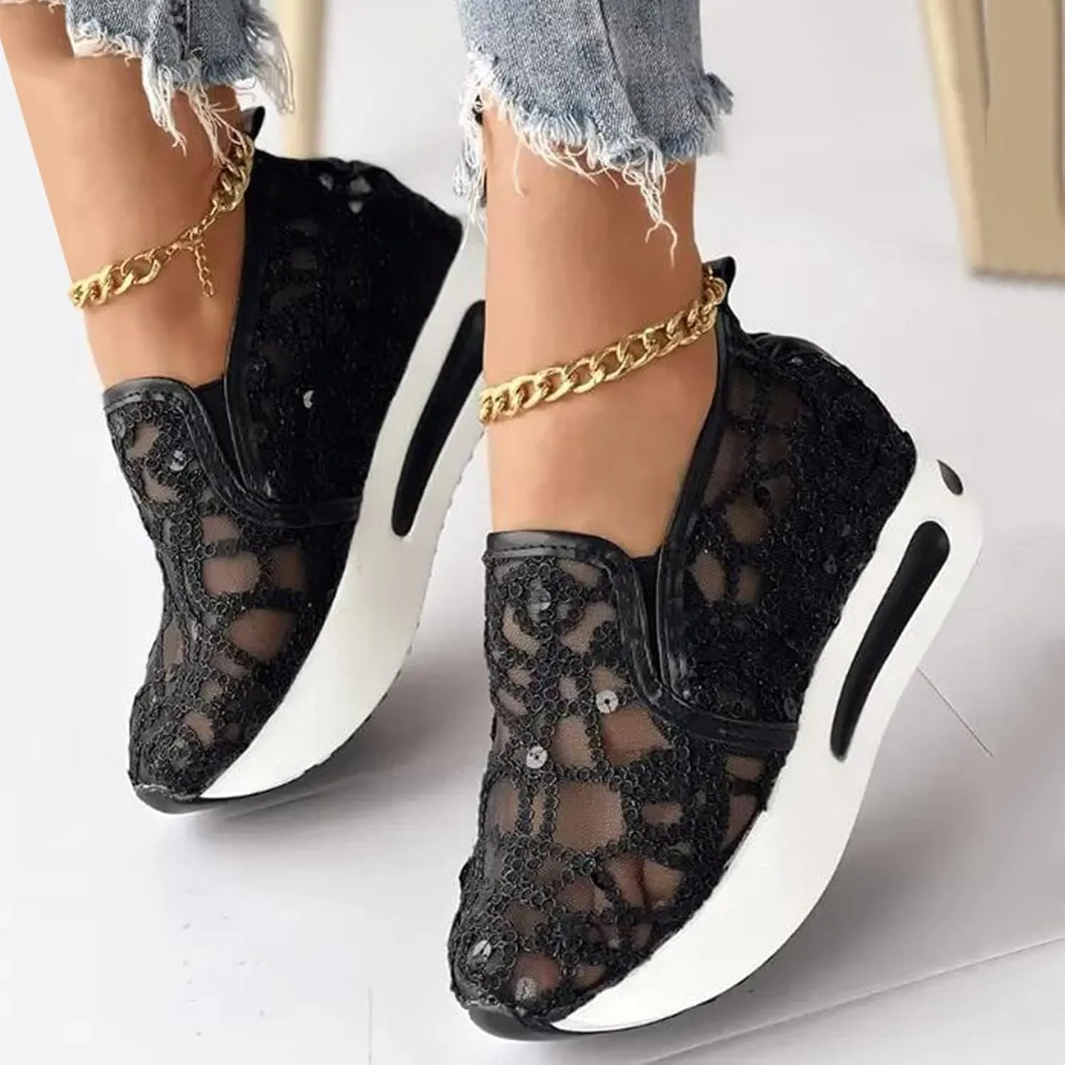 Platform Wedge Sneakers for Women Floral Embroidery Mesh Slip-On Breathable Non-Slip Arch Support Lace Chunky Sole Hidden High Heels