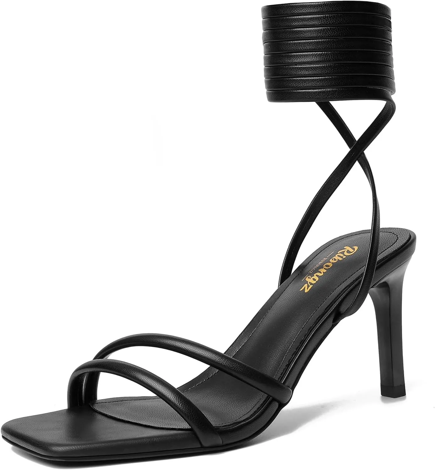RIBONGZ Strappy Heels for Women Square Open Toe Tie Up Sandals Ankle Strap Lace Up Heeled Stiletto High Heels Sexy for Wedding Shoes