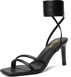 RIBONGZ Strappy Heels for Women Square Open Toe Tie Up Sandals Ankle Strap Lace Up Heeled Stiletto High Heels Sexy for Wedding Shoes