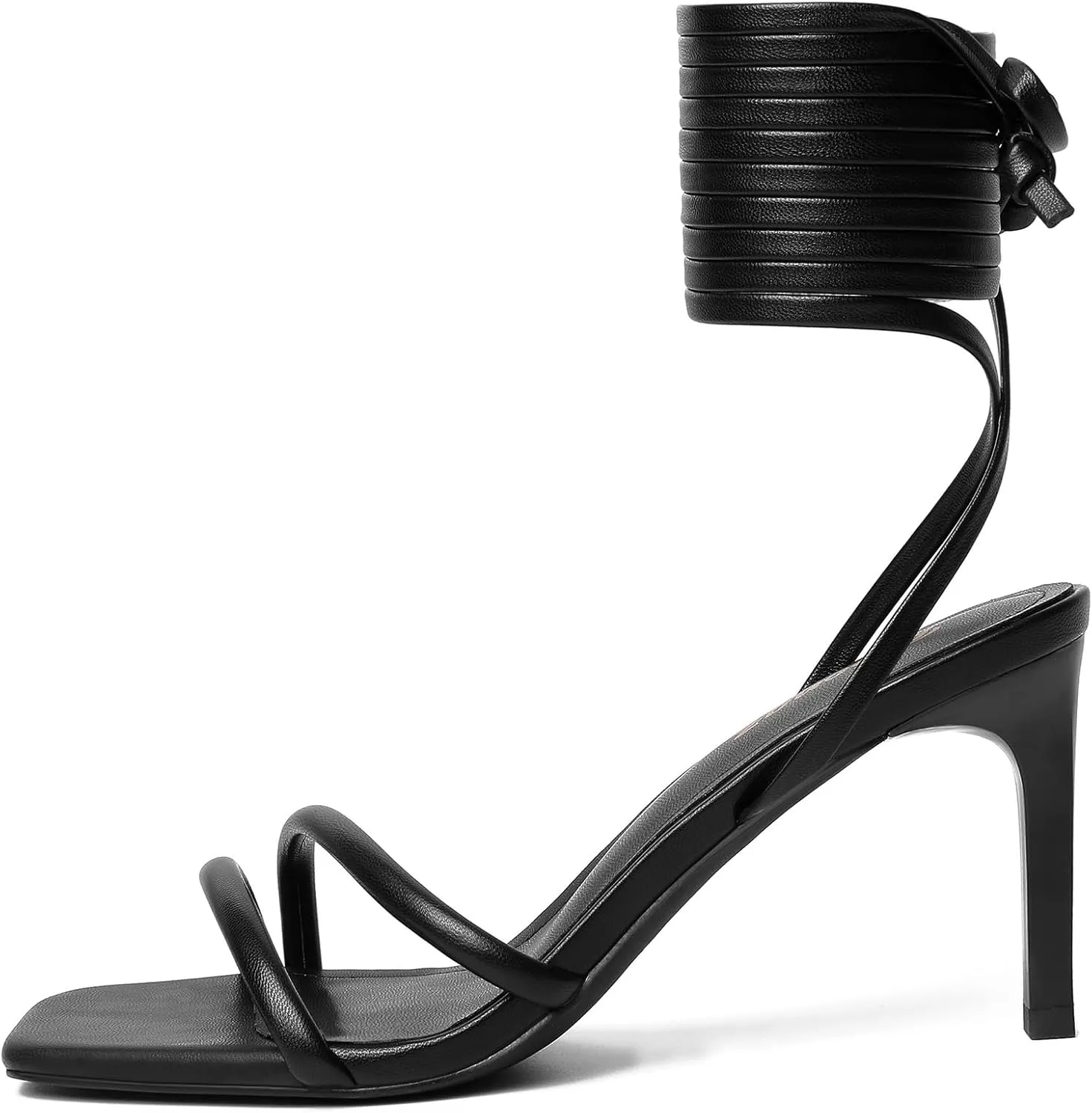 RIBONGZ Strappy Heels for Women Square Open Toe Tie Up Sandals Ankle Strap Lace Up Heeled Stiletto High Heels Sexy for Wedding Shoes