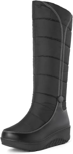SACFOF Women's Winter Snow Boots Warm Thick Sole Mid Calf Boots Waterproof Rain Fur Lined Platform Winter Wedge Boots