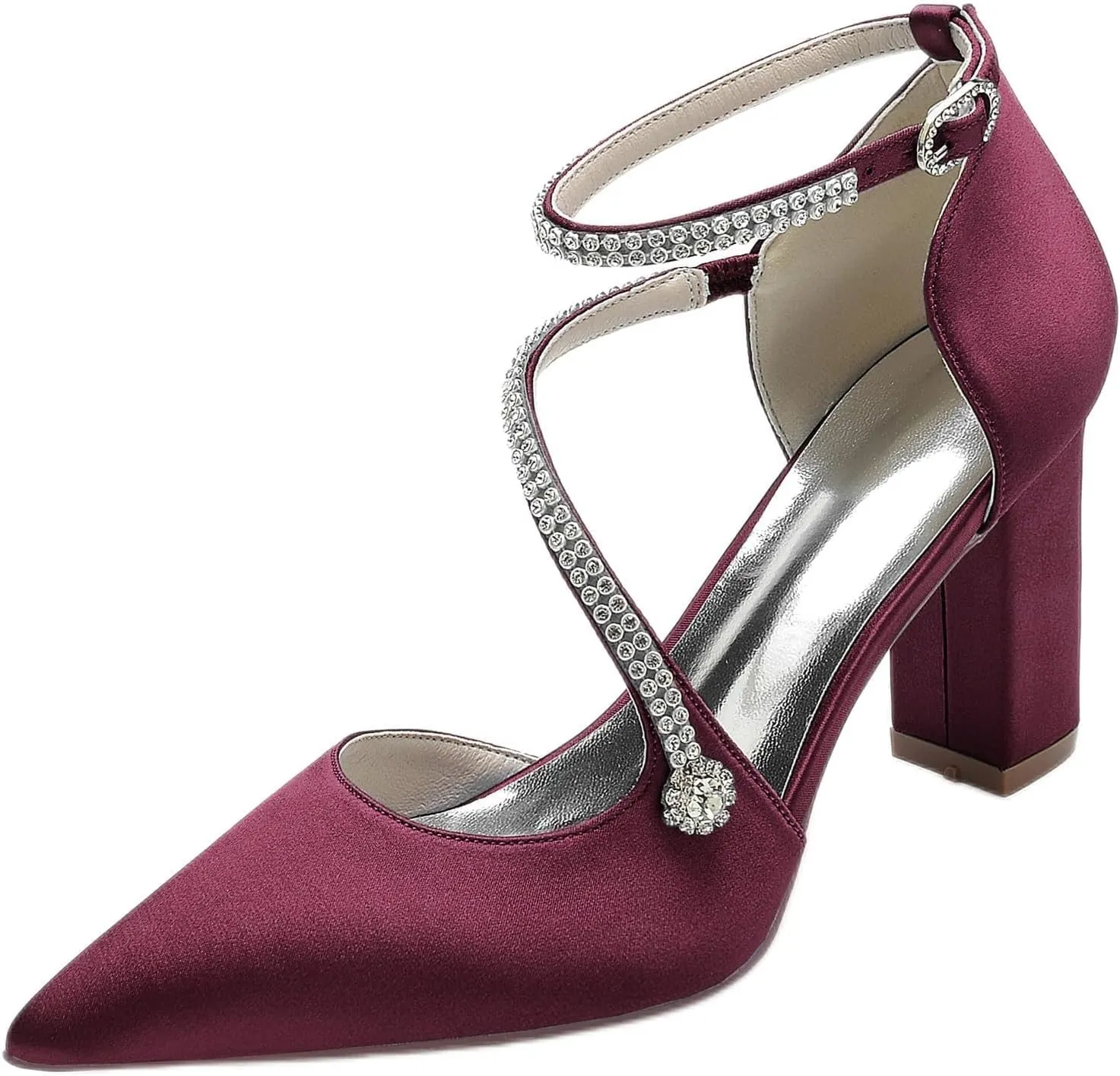 Satin Wedding Shoes for Bride Beaded Pointed Toe Block Sandals Pumps with Heels Heeled Closed Toe Ankle Buckle Strap Evening Party Dress Shoes Summer