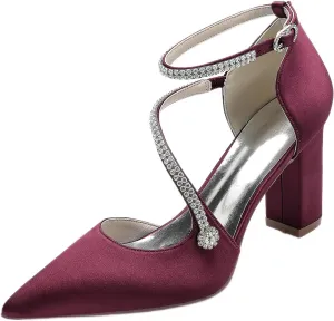 Satin Wedding Shoes for Bride Beaded Pointed Toe Block Sandals Pumps with Heels Heeled Closed Toe Ankle Buckle Strap Evening Party Dress Shoes Summer