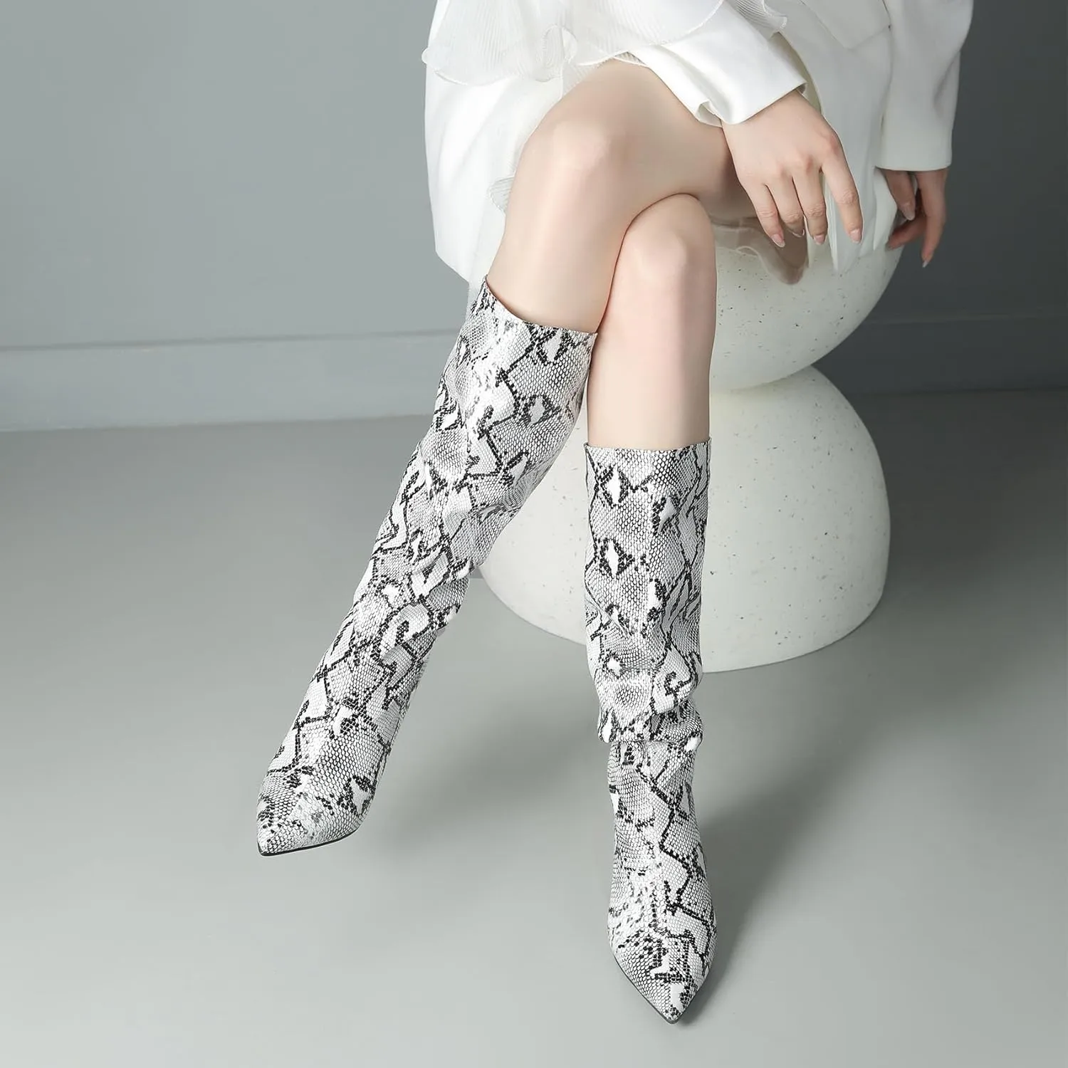 SHEMEE Women's Colorful Snakeskin Knee High Boot Chunky Block High Heels Snake Print Round Toe Zipper Slouch Shoes