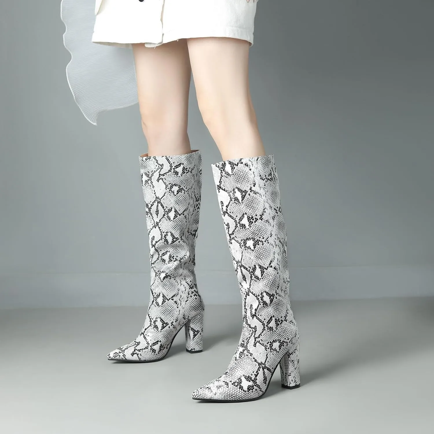 SHEMEE Women's Colorful Snakeskin Knee High Boot Chunky Block High Heels Snake Print Round Toe Zipper Slouch Shoes