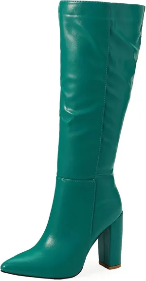 SHEMEE Women's Colorful Snakeskin Knee High Boot Chunky Block High Heels Snake Print Round Toe Zipper Slouch Shoes