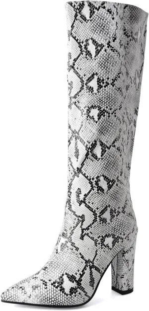SHEMEE Women's Colorful Snakeskin Knee High Boot Chunky Block High Heels Snake Print Round Toe Zipper Slouch Shoes