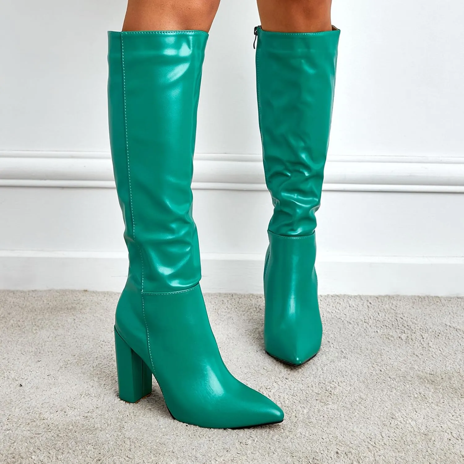 SHEMEE Women's Colorful Snakeskin Knee High Boot Chunky Block High Heels Snake Print Round Toe Zipper Slouch Shoes