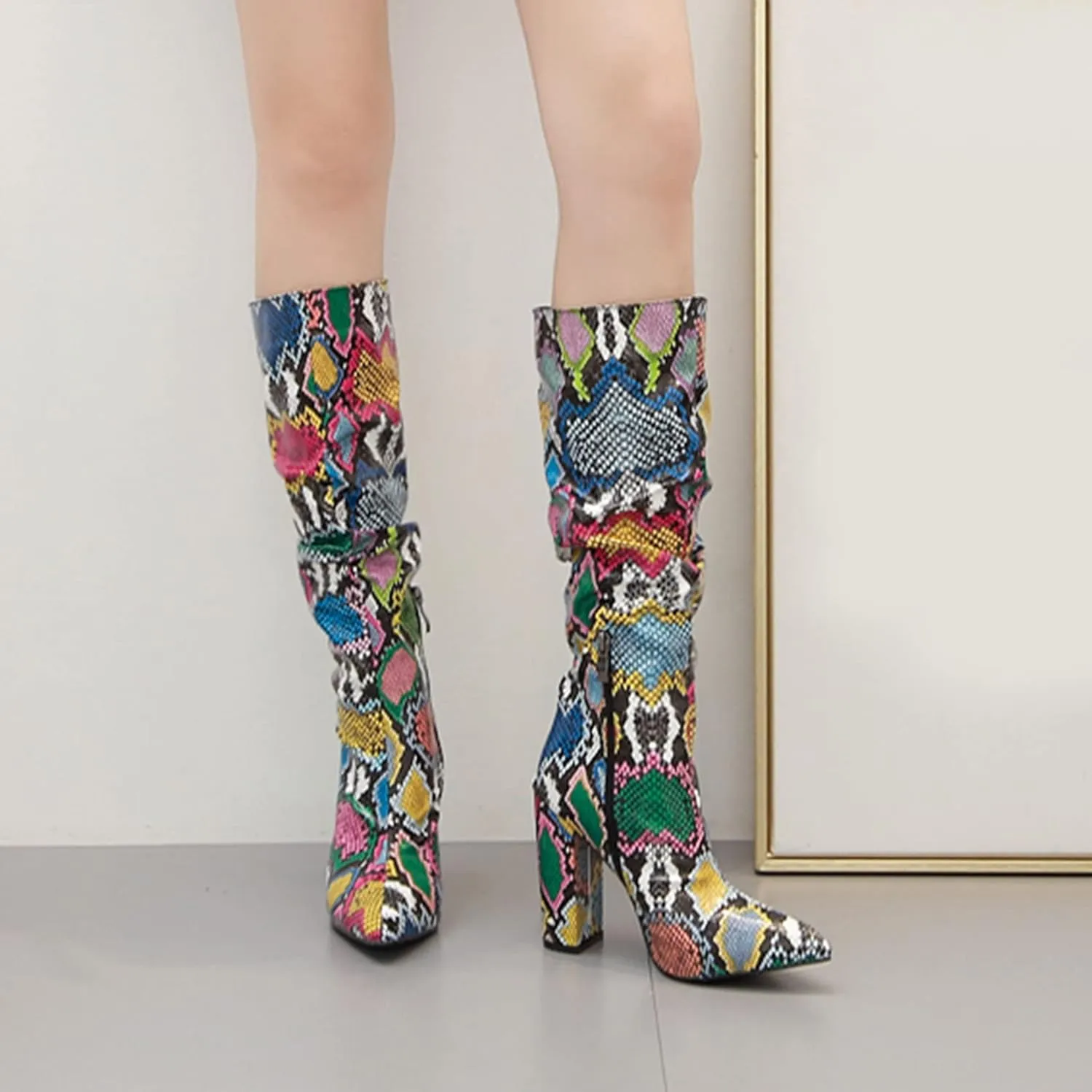 SHEMEE Women's Colorful Snakeskin Knee High Boot Chunky Block High Heels Snake Print Round Toe Zipper Slouch Shoes
