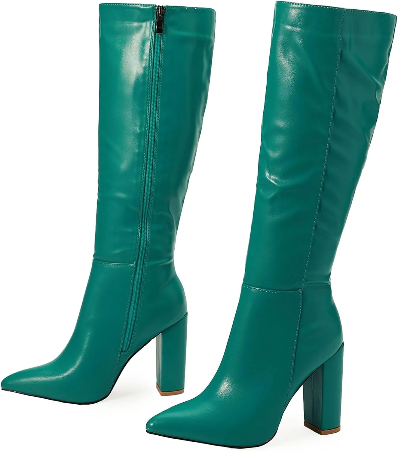 SHEMEE Women's Colorful Snakeskin Knee High Boot Chunky Block High Heels Snake Print Round Toe Zipper Slouch Shoes