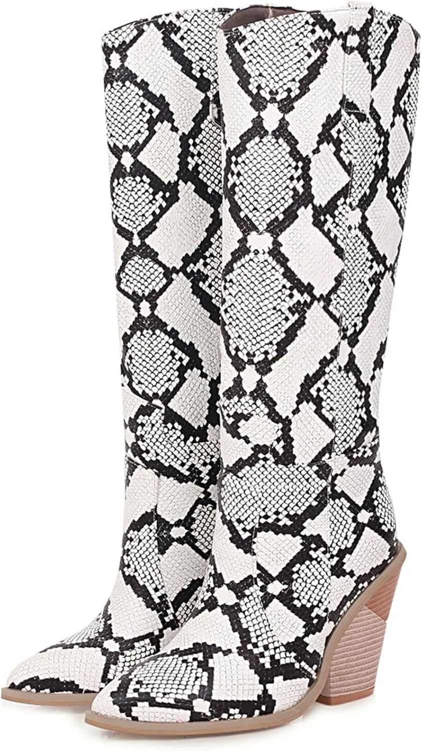 SHEMEE Women's Snake Skin Knee High Boots Chunky Heels Western Cowboy Cowgirl Boots Snakeskin Print Block Heeled Tall Boots