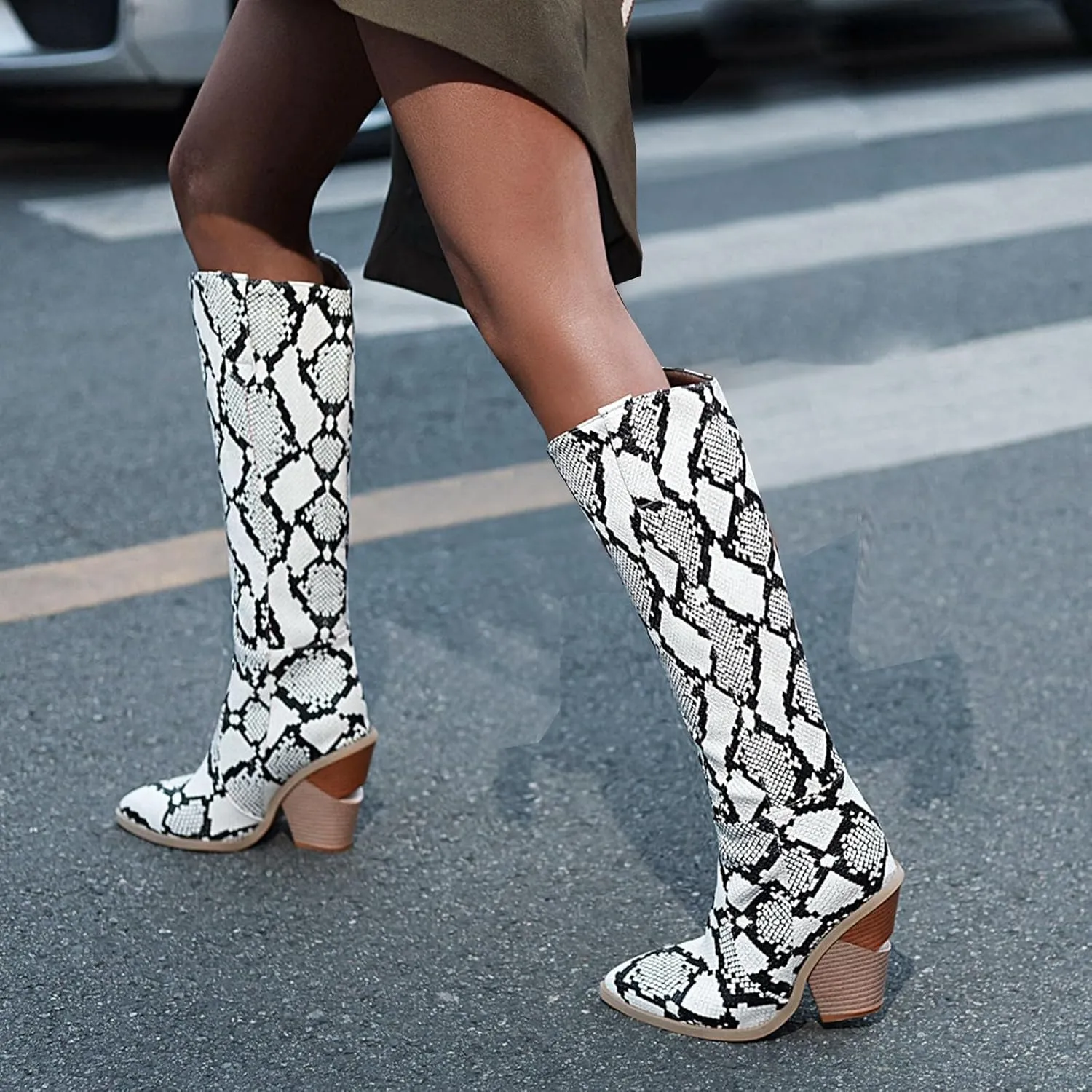 SHEMEE Women's Snake Skin Knee High Boots Chunky Heels Western Cowboy Cowgirl Boots Snakeskin Print Block Heeled Tall Boots