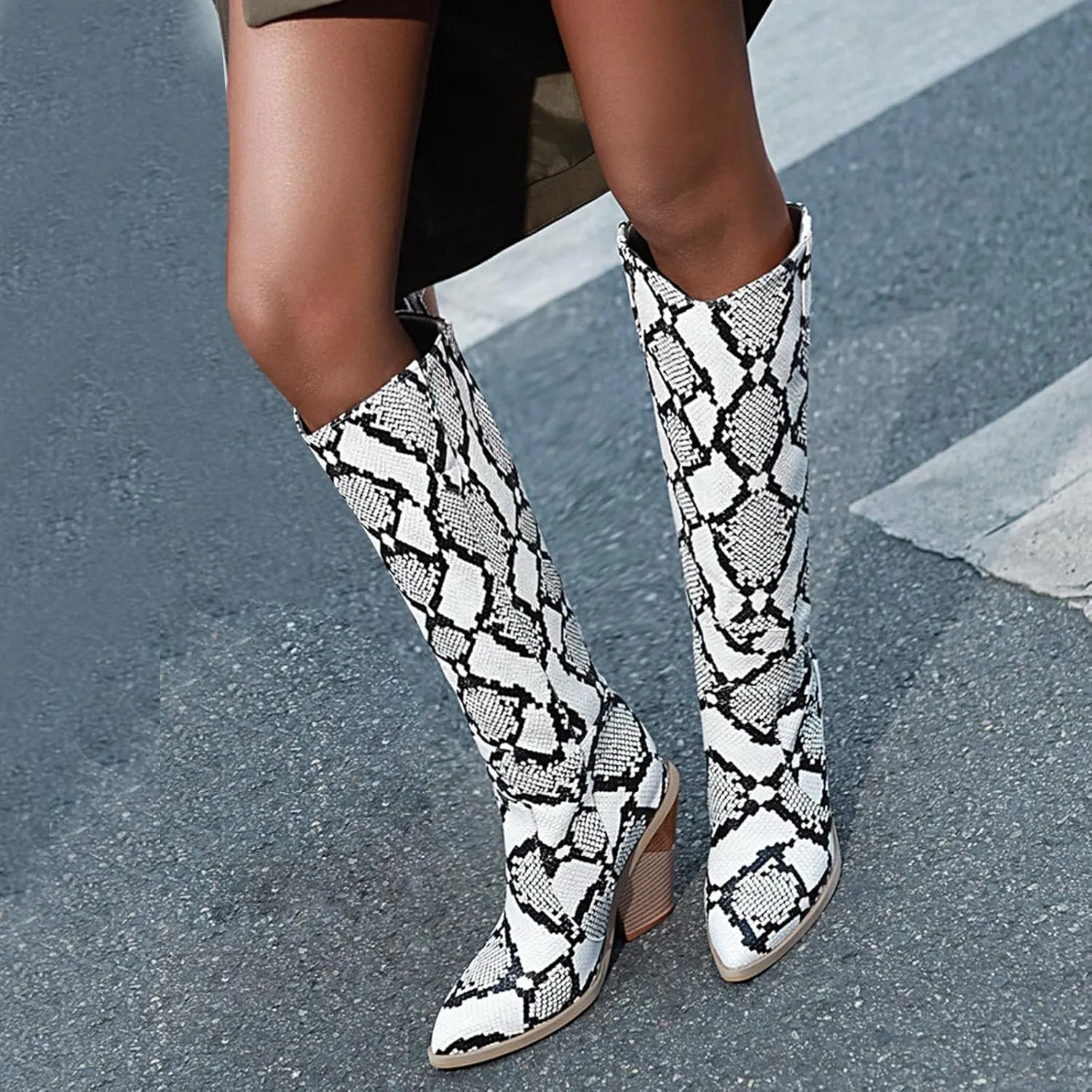 SHEMEE Women's Snake Skin Knee High Boots Chunky Heels Western Cowboy Cowgirl Boots Snakeskin Print Block Heeled Tall Boots