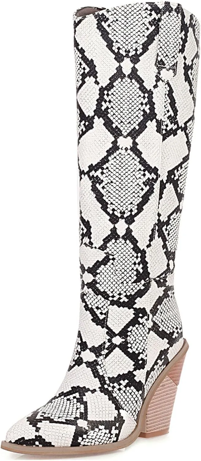 SHEMEE Women's Snake Skin Knee High Boots Chunky Heels Western Cowboy Cowgirl Boots Snakeskin Print Block Heeled Tall Boots
