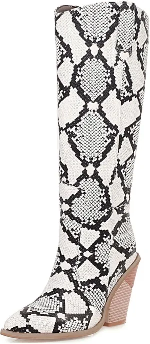 SHEMEE Women's Snake Skin Knee High Boots Chunky Heels Western Cowboy Cowgirl Boots Snakeskin Print Block Heeled Tall Boots