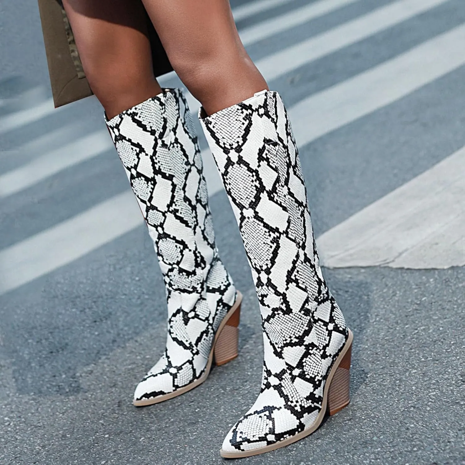 SHEMEE Women's Snake Skin Knee High Boots Chunky Heels Western Cowboy Cowgirl Boots Snakeskin Print Block Heeled Tall Boots
