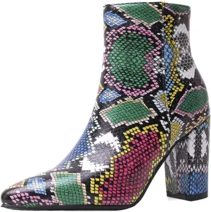 SHEMEE Women's Snakeskin Chunky High Heels Booties Pointed Toe Block Heel Snake Print Side Zipper Ankle Boots Fashion Dress Shoes