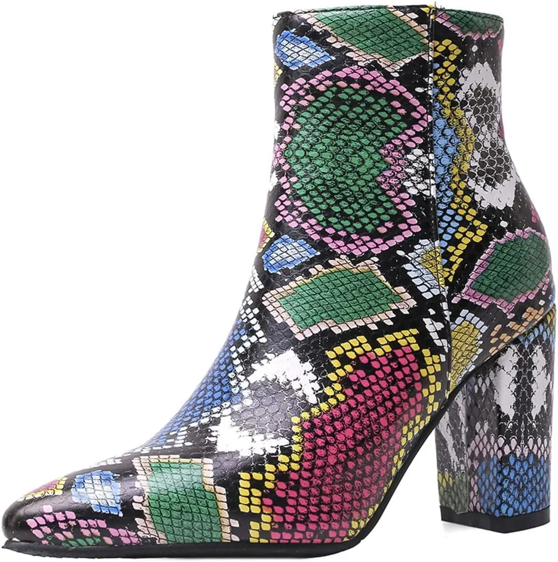 SHEMEE Women's Snakeskin Chunky High Heels Booties Pointed Toe Block Heel Snake Print Side Zipper Ankle Boots Fashion Dress Shoes