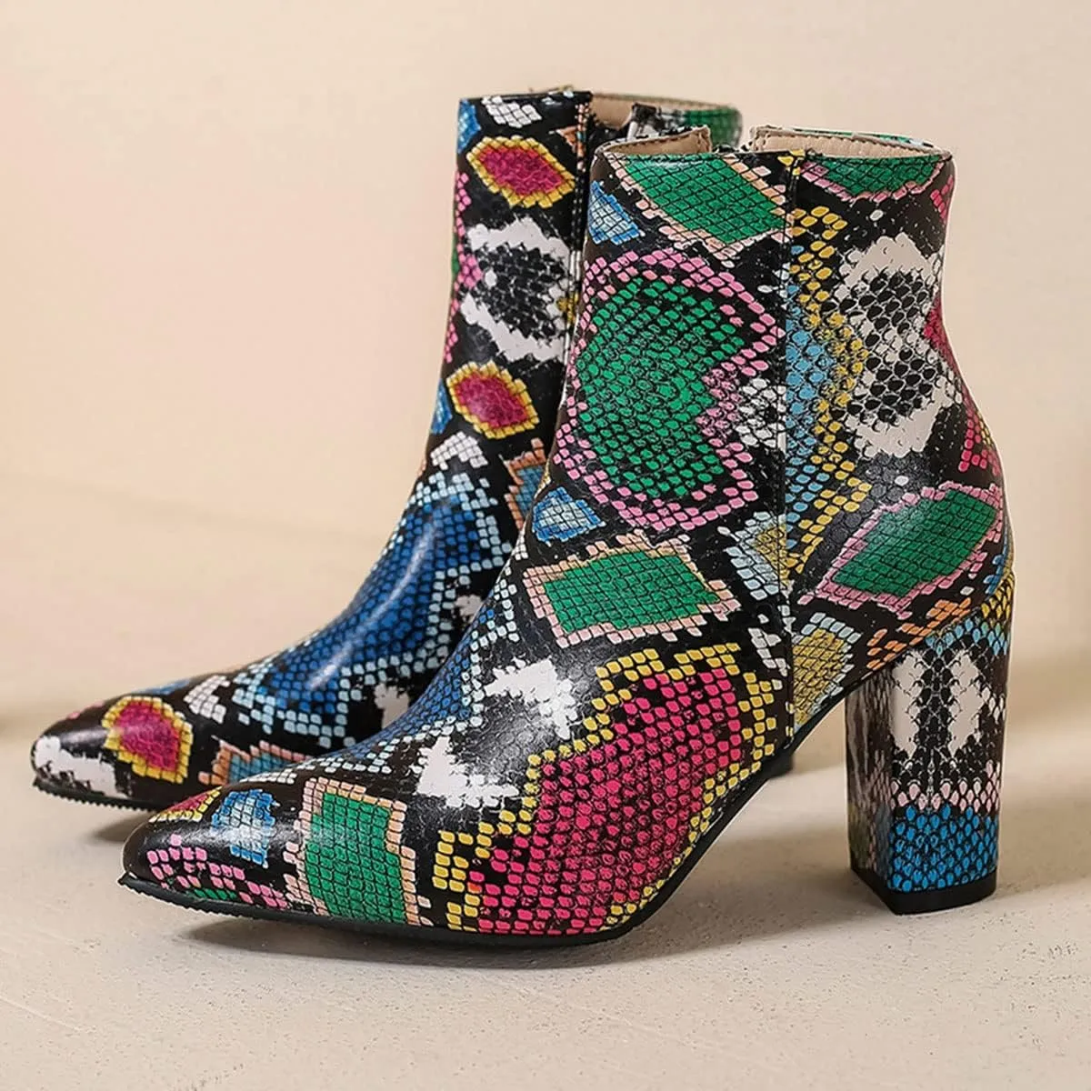 SHEMEE Women's Snakeskin Chunky High Heels Booties Pointed Toe Block Heel Snake Print Side Zipper Ankle Boots Fashion Dress Shoes