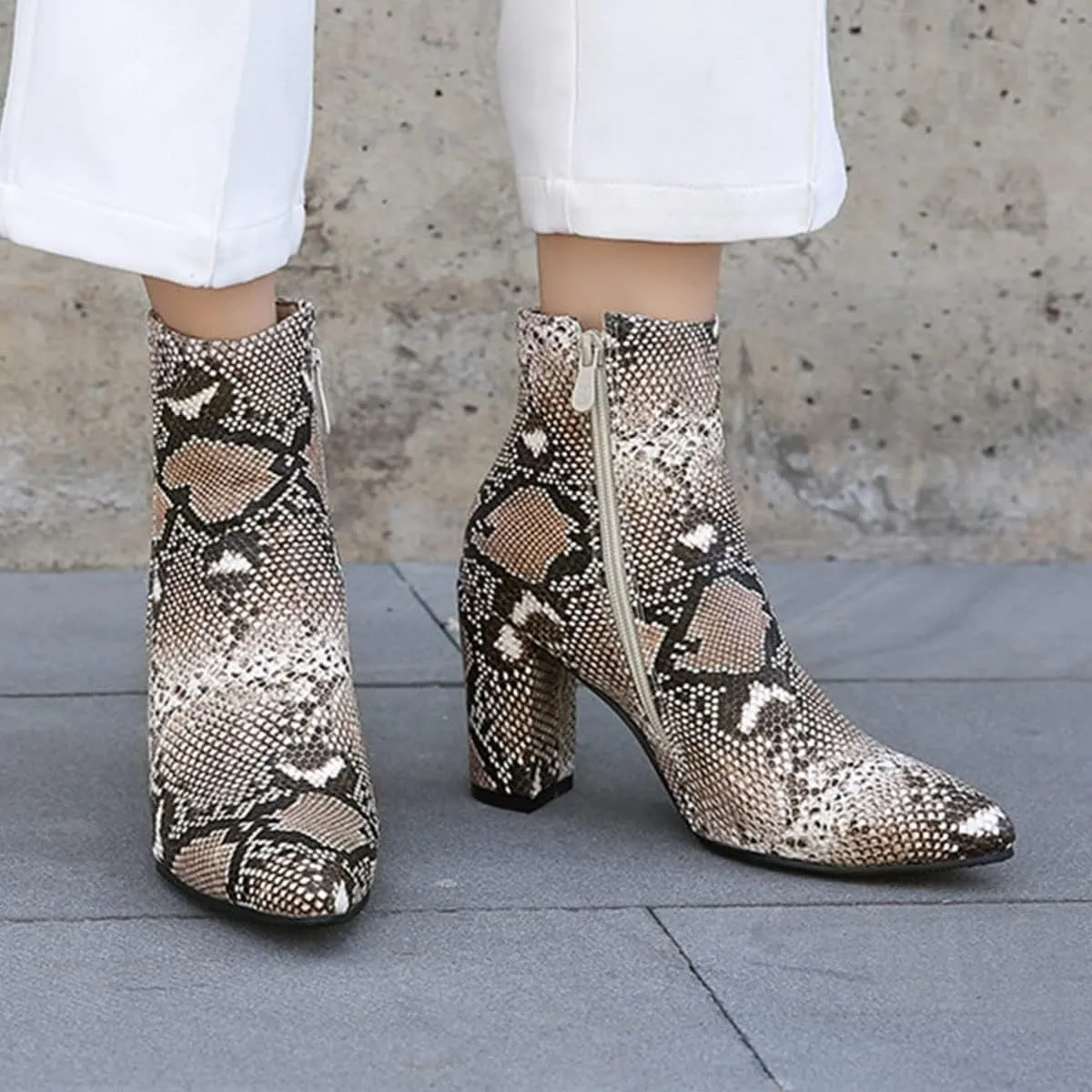 SHEMEE Women's Snakeskin Chunky High Heels Booties Pointed Toe Block Heel Snake Print Side Zipper Ankle Boots Fashion Dress Shoes