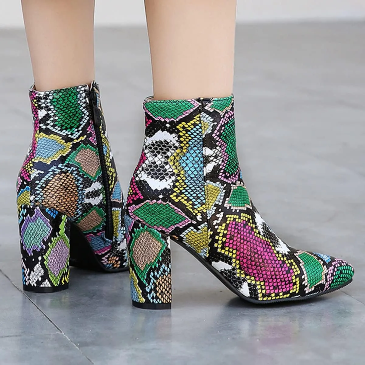 SHEMEE Women's Snakeskin Chunky High Heels Booties Pointed Toe Block Heel Snake Print Side Zipper Ankle Boots Fashion Dress Shoes