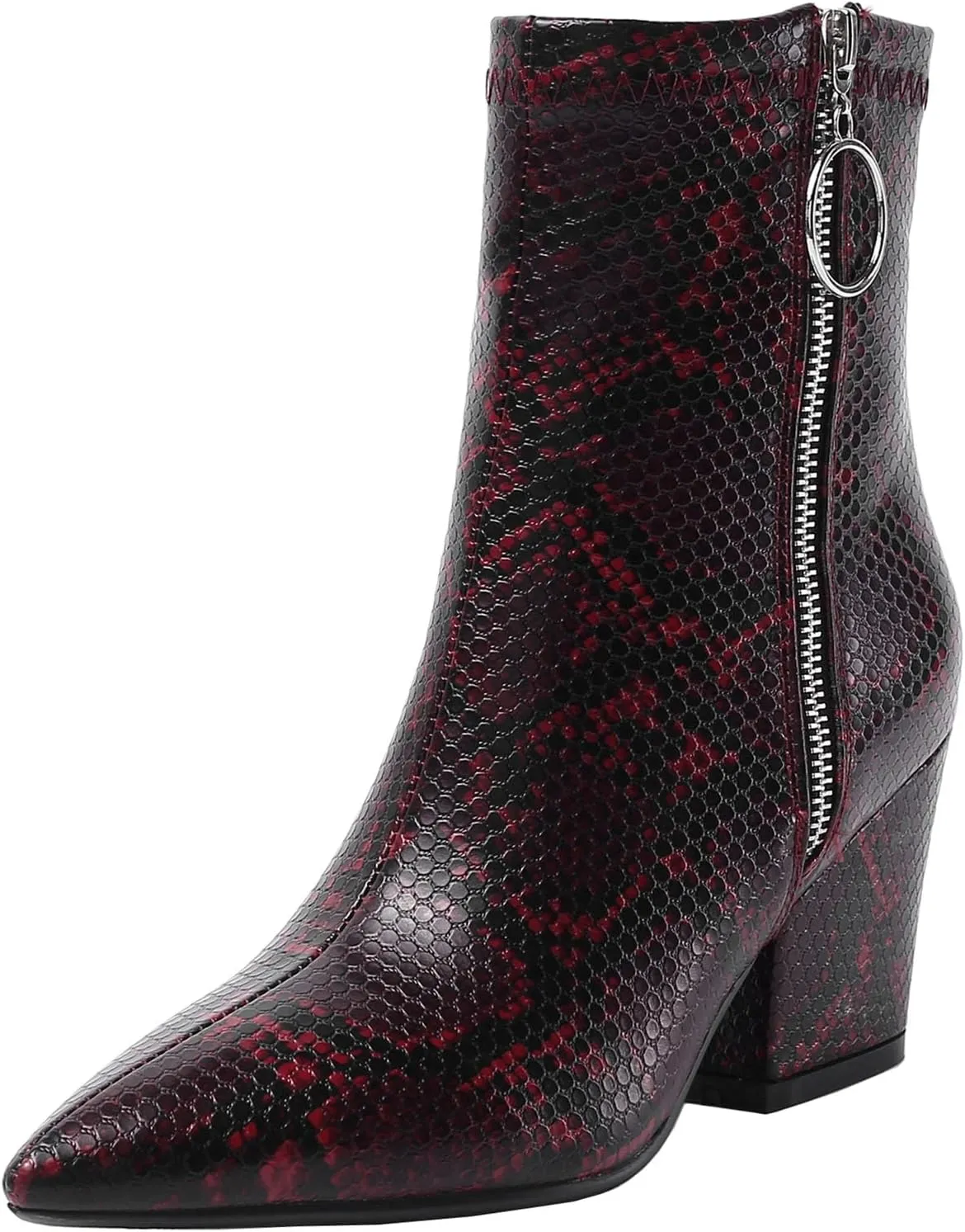 SHEMEE Women's Snakeskin Chunky High Heels Booties Pointed Toe Block Heel Snake Print Side Zipper Ankle Boots Fashion Dress Shoes