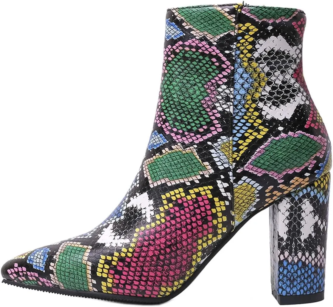 SHEMEE Women's Snakeskin Chunky High Heels Booties Pointed Toe Block Heel Snake Print Side Zipper Ankle Boots Fashion Dress Shoes